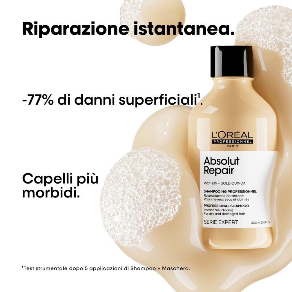 L'Oréal Professionnel Paris Kit Shampoo + Ricarica Professionale per Capelli Secchi e Danneggiati, Formula Ristrutturante, Meno Danni, Absolut Repair, 300ml + 500ml