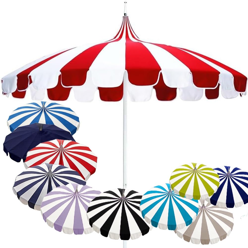 LARAKVEAKV Stripes Patio Pagoda Umbrella, 8ft Pool Umbrellas Market Table Umbrella, Outdoor Umbrellas For Deck Patio, 16 Fiberglass Ribs(Red and white)
