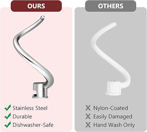 Miniatura 4 de Gancho de masa de repuesto para mezcladores KitchenAid de 7 cuartos de galón, gancho de masa en espiral y acero inoxidable para mezcladores
