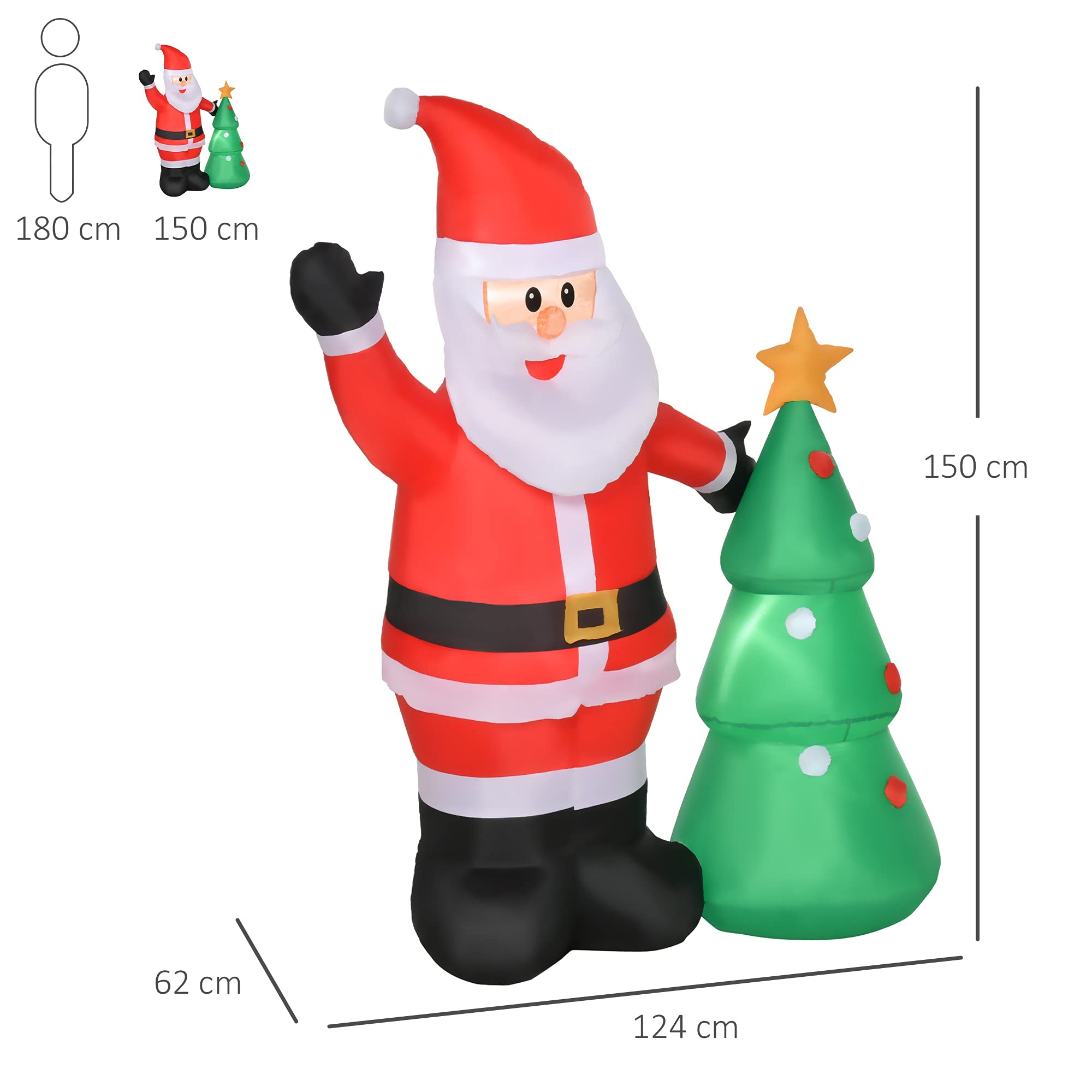 HOMCOM Babbo Natale Gonfiabile 150cm con Albero, Decorazione Natalizia per Esterno con Luci a LED, in Poliestere Impermeabile IP44