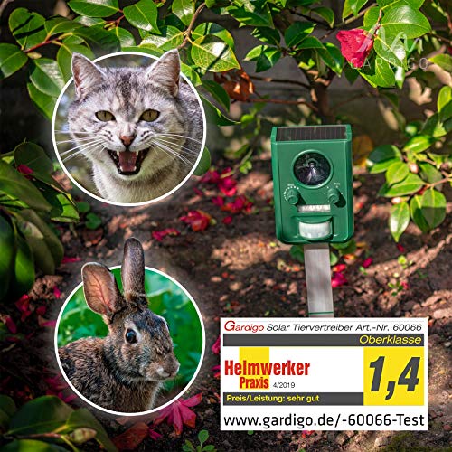 Gardigo Tiervertreiber Ultraschall Solar - 2er Set | Marderabwehr, Katzenschreck mit Blitzlicht | Multifrequenz Gerät, 5 Modi, Gesamtfläche ca. 75m² (ca. 9 m, 110°) | Batterien & USB-Ladekabel