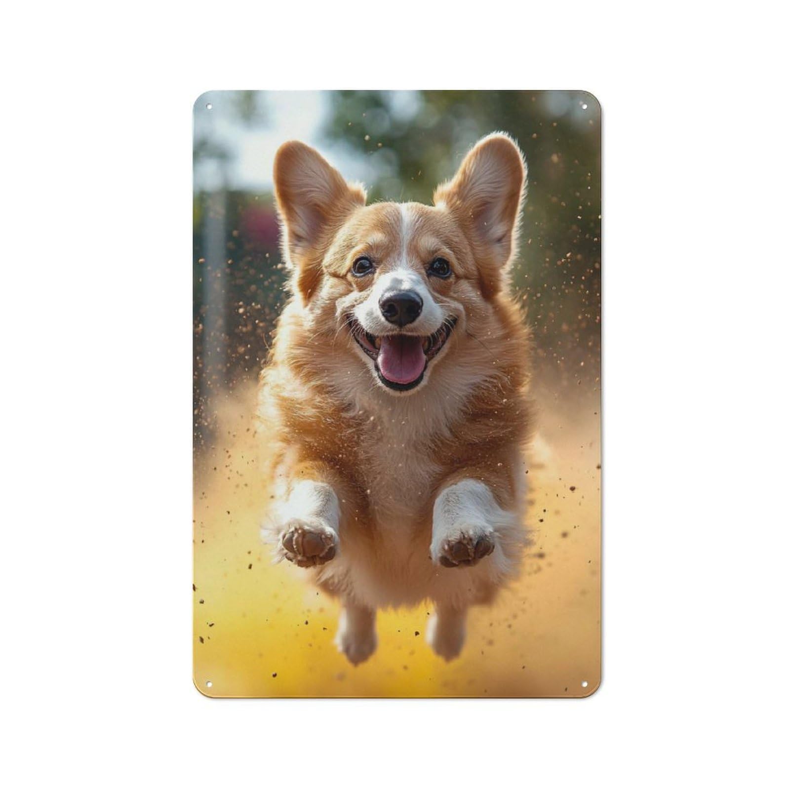 Junmoney Style-14 Happy Corgi Mid-Air Vintage Tin Sign 30X20cm For Café Or Restaurant, For Café Owners And Decorators, For Retro Home Interiors