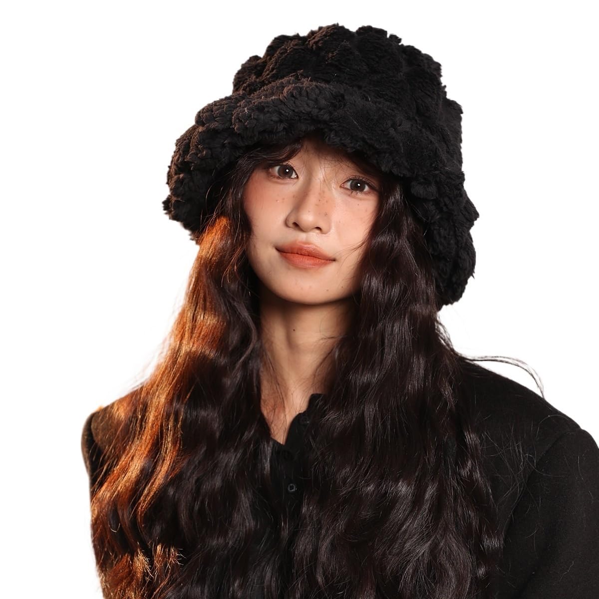 Chapeau de bassin en faux duvet noir | Casquette de pêcheur chaude femme