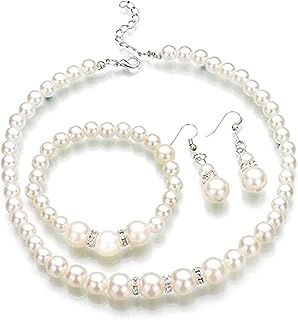 طقم مجوهرات مكون من حلق وسلسلة مزينة بلؤلؤة دائرية بلون ابيض للنساء لهدايا الزفاف والحفلات لوت كاو لؤلؤي/كريستال