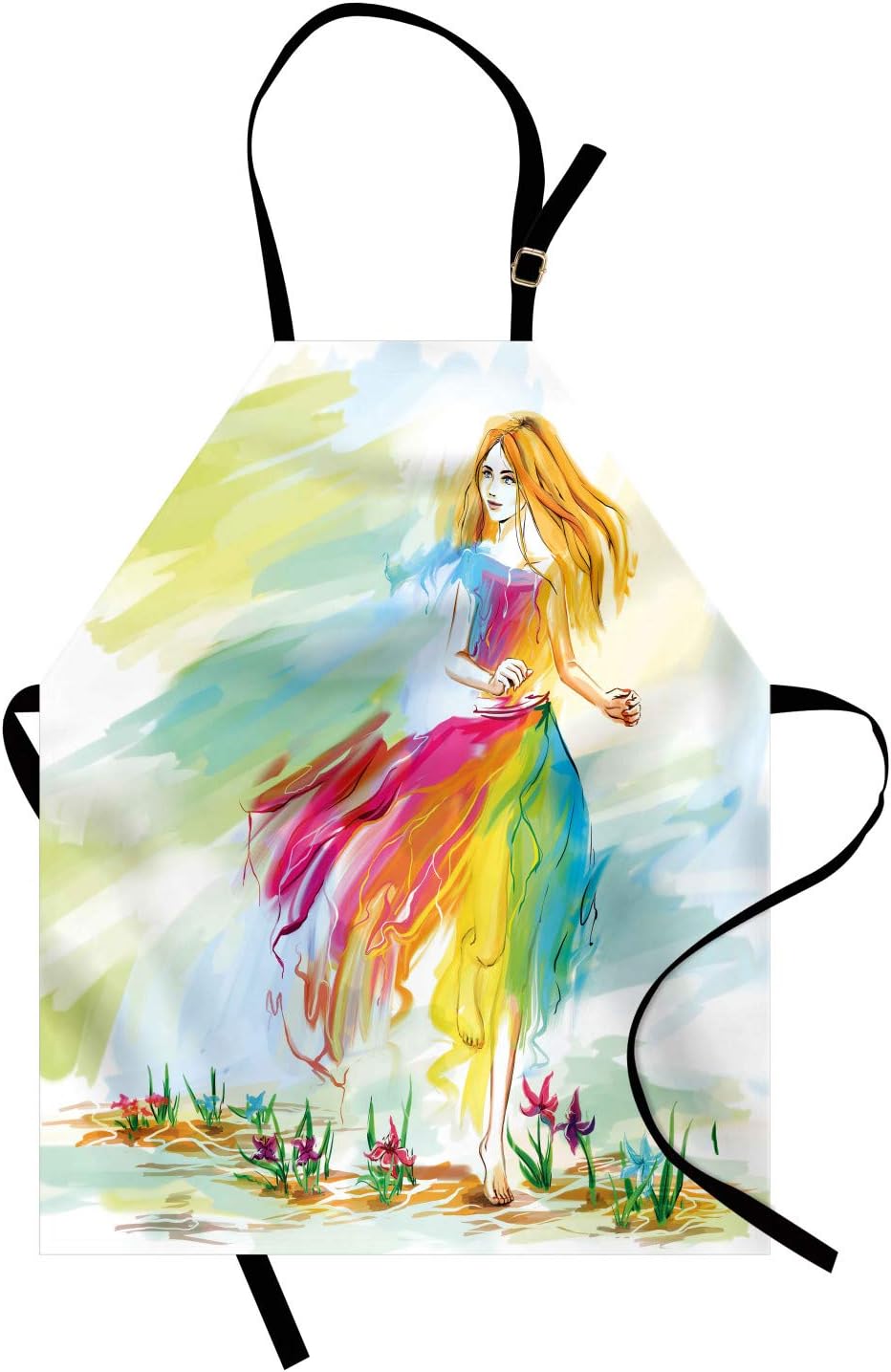Lunarable Colorful Apron, Young Barefoot Woman in Chiffon Dress Runs on Field Spring Flower in Watercolors, Unisex Kitchen Bib Apron with Adjustable Neck for Cooking Baking Gardening, Pink Yellow