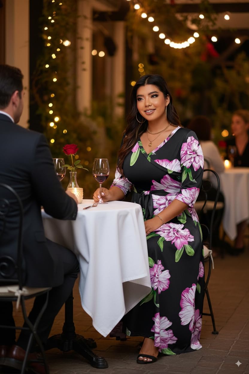 FANDEE Plus Size Maxi Dress Casual 3/4 Sleeve V-Neck Floral Flowy Long Dress with Belt - Image 2