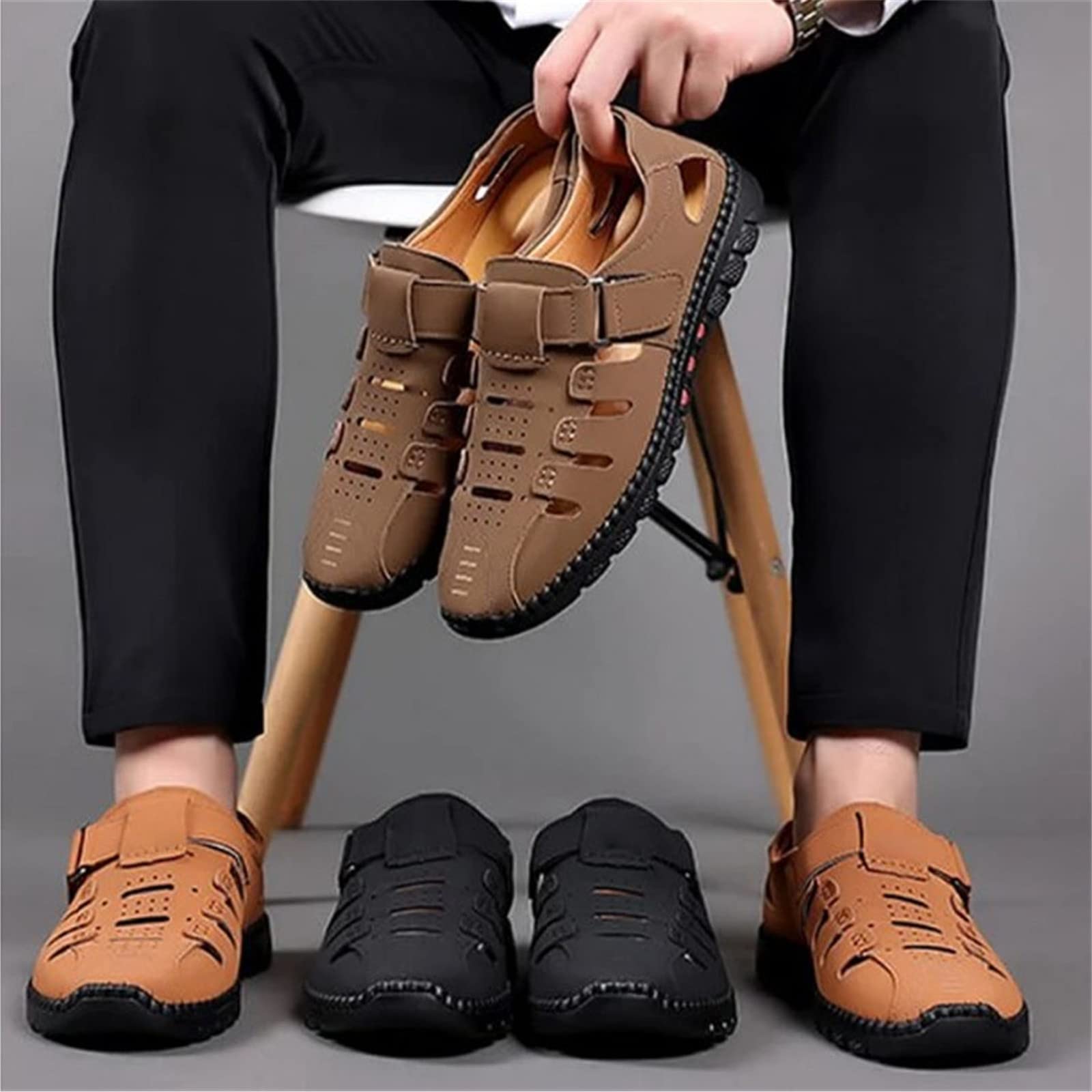 Sandalias Huecas de Cuero Elegantes, Zapatillas para Hombre, Chanclas, Sandalias de Playa de Cuero con Punta Cerrada para Hombre