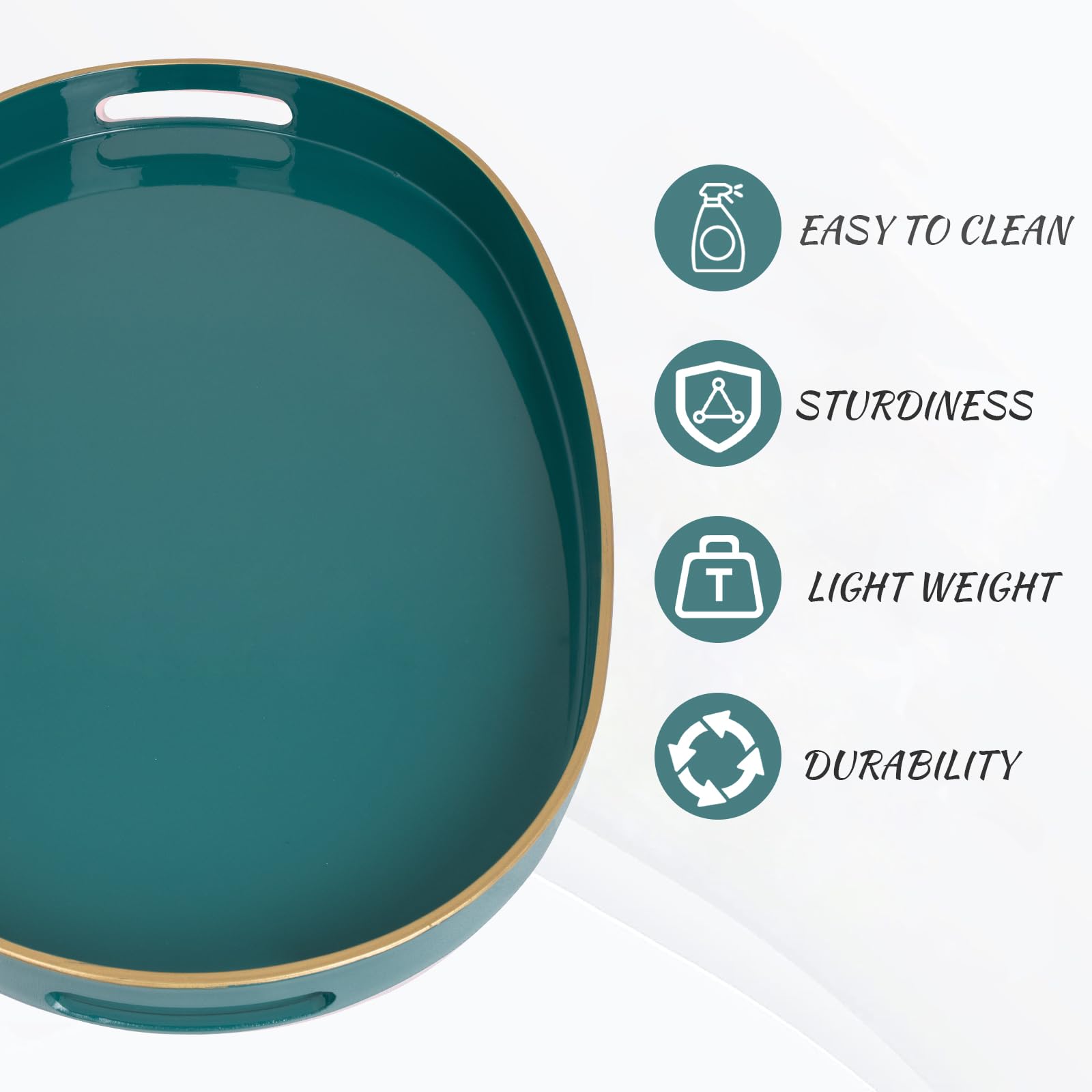 MAONAME Green Decorative Tray, Oval Serving Tray with Handles, Plastic Tray for Coffee Table, Ottoman Tray for Living Room, Bathroom, 15.6" X 10.6" X 1.38"
