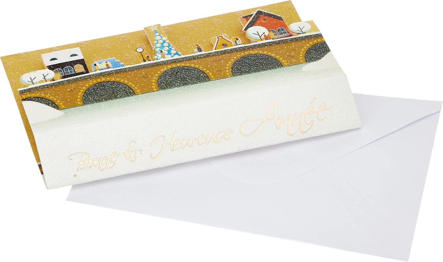 3D Pop Up Embossed Happy Year Best Wishes Card with Envelope Christmas Village Under Snow Landscape Winter 61-4073-B BA - Image 2