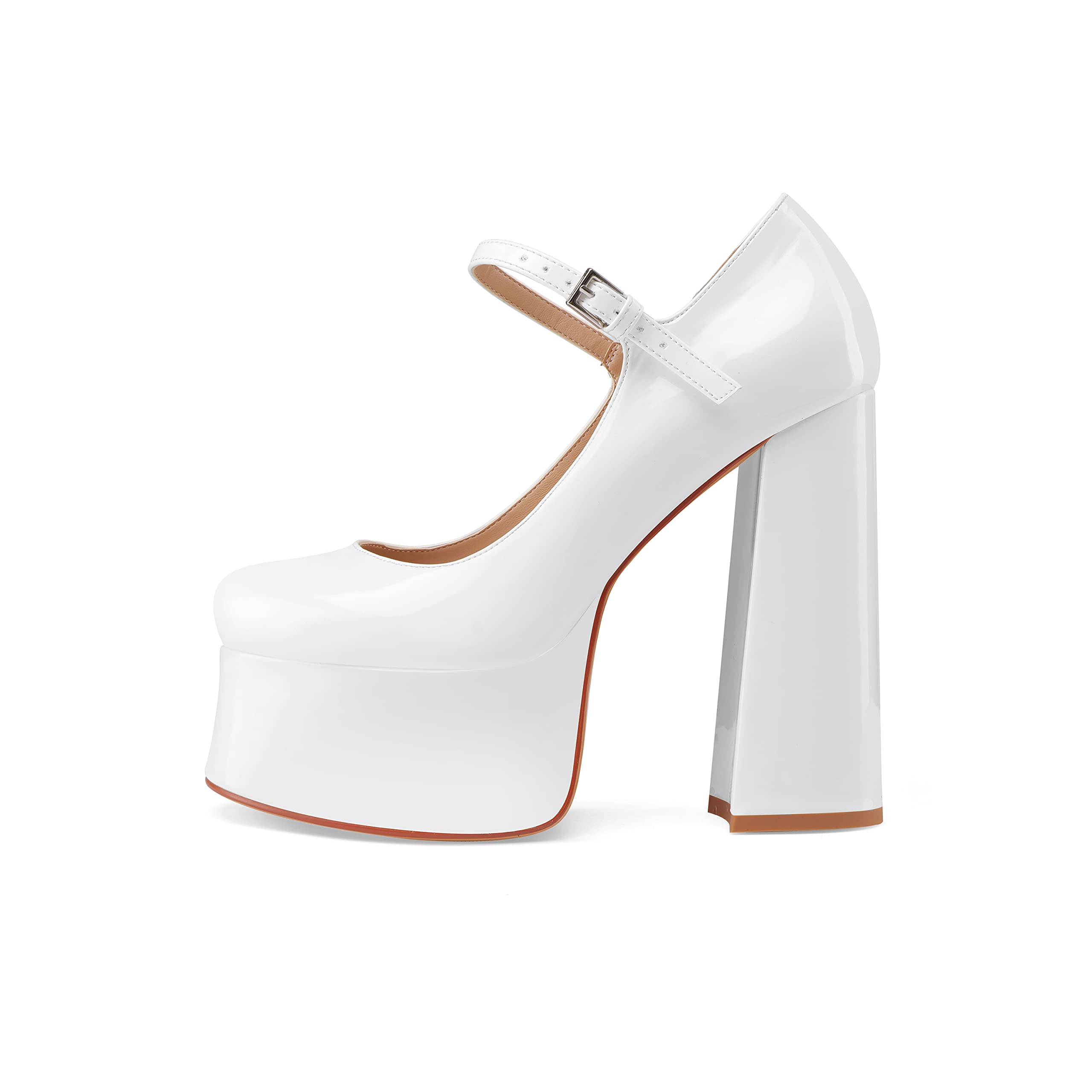 Perisis Women's Dressy Platform Chunky High Heels Patent Leather Ankle Strap Closed Toe Heeled Mary Jane Pumps Shoes