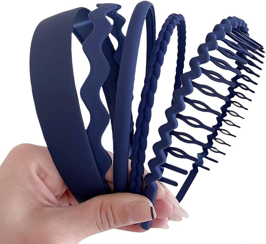 JIHUOO 5 Pcs Plastic Non Slip Headbands, Wide Head Bands, Skinny Hair Bands, Wavy Braided Hairbands, Teeth Comb Headbands, Fashion Hair Accessories for Women and Girls, Navy Blue