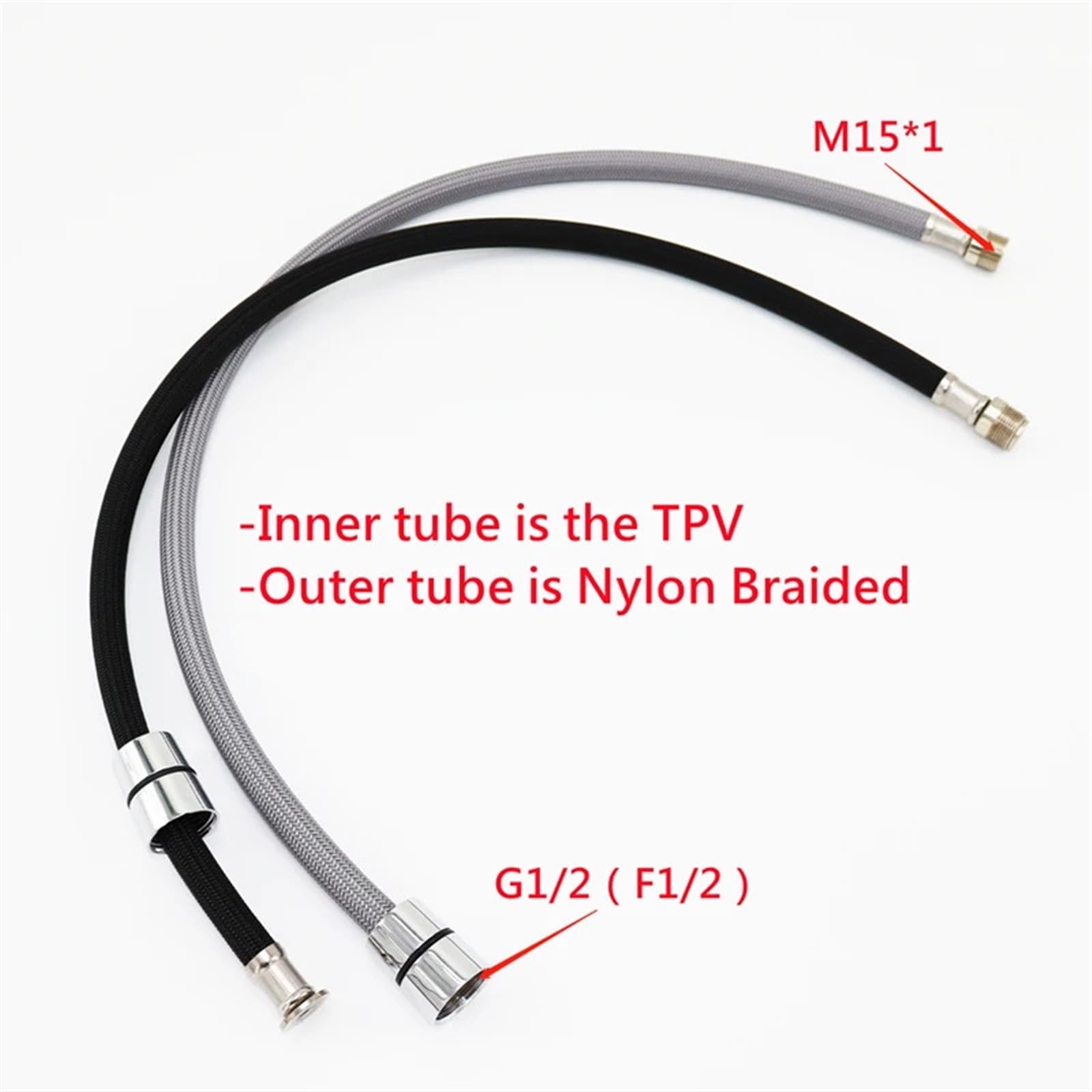 Tuyau d'eau Flexible tressé en Nylon 50cm/60cm/85cm F1/2 M15 * 1, for robinet extractible de cuisine, Tube rotatif, plomberie noire et grise(50cm Gray)