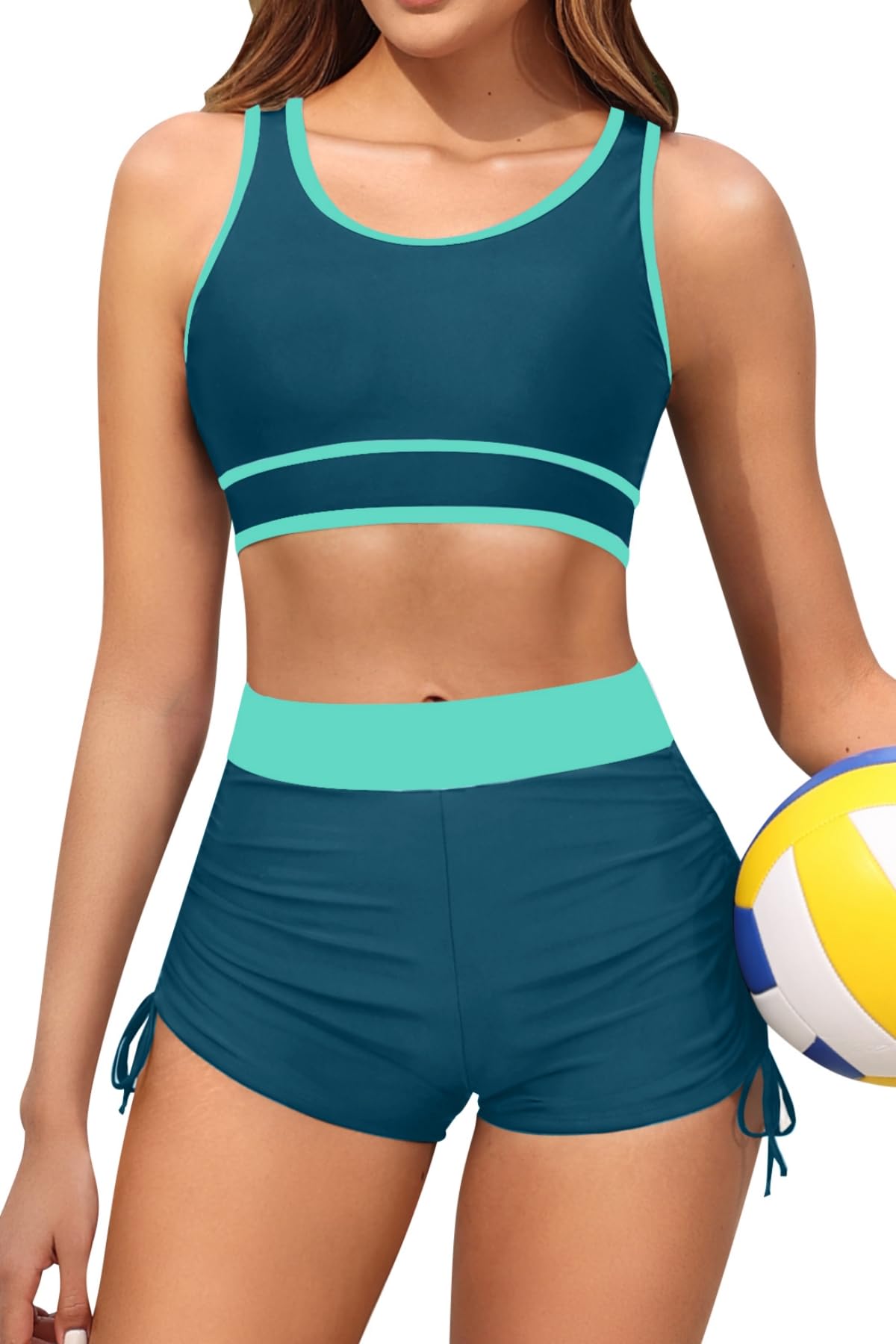 Holipick Sportliches Damen-Bikini-Set, zweiteilig, Farbblock-Badeanzug, Badeanzüge mit hoher Taille, Boy-Shorts