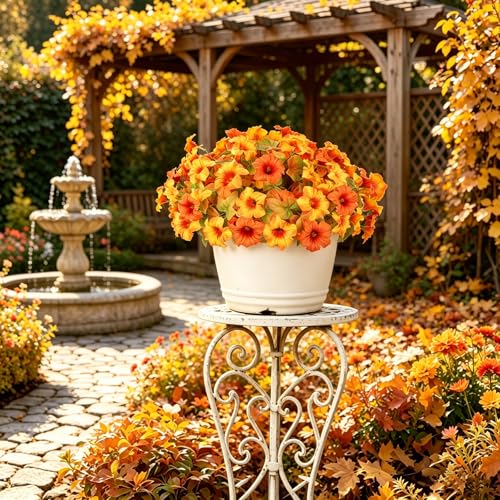 Image of Artificial Fall Flowers for Outdoors, Faux Petunias Autumn Decoration, Fake Flowers Plants UV Resistant Look Real Silk Flowers for Outside Planter Front Door Porch Patio Yard (6, Orange-Yellow)