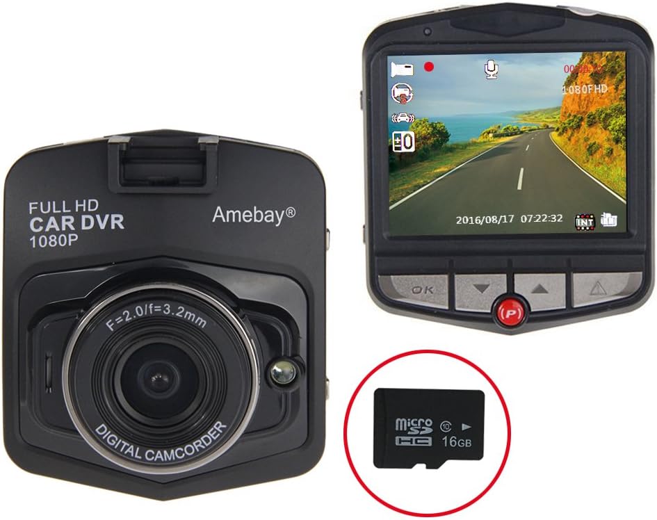 Dash Cam by Amebay Full HD 1080P Dashboard Camera Recorder, 170 Wide Angle Car DVR Vehicle DashCam Built in G-Sensor, Loop Recording with 16GB SD Card