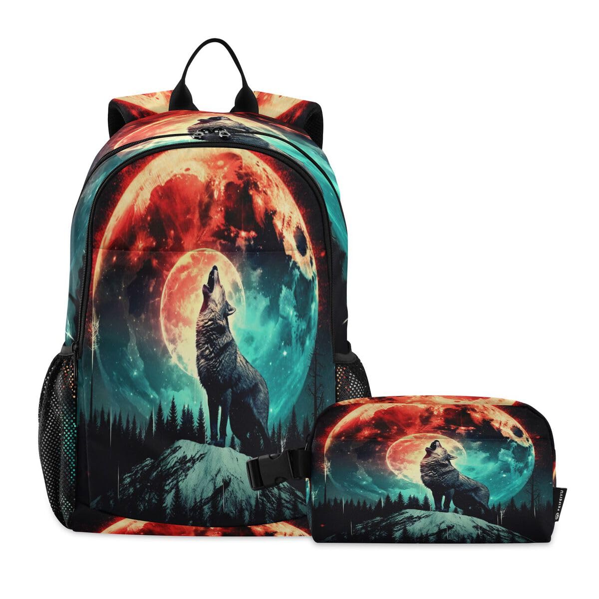Ensemble sac à dos loup et lune grand volume avec trousse scolaire