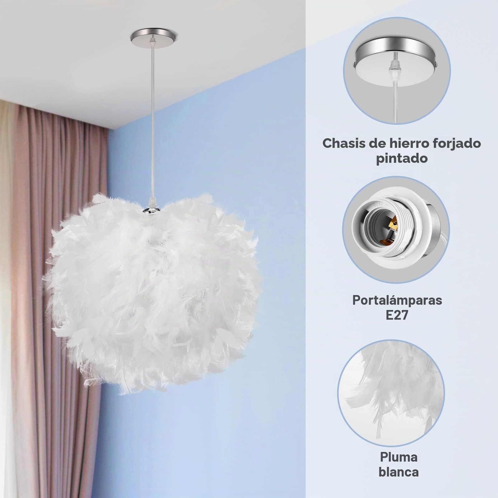 ALLOMN Lámpara Colgante LED, Luz de Techo, Decoración Plumas, Lámpara Colgante, Lámpara Dormitorio, Gran Regalo para un Amigo, Enchufe E27 Fácil Limpiar (Bombilla no Incluida) (20cm Diámetro)