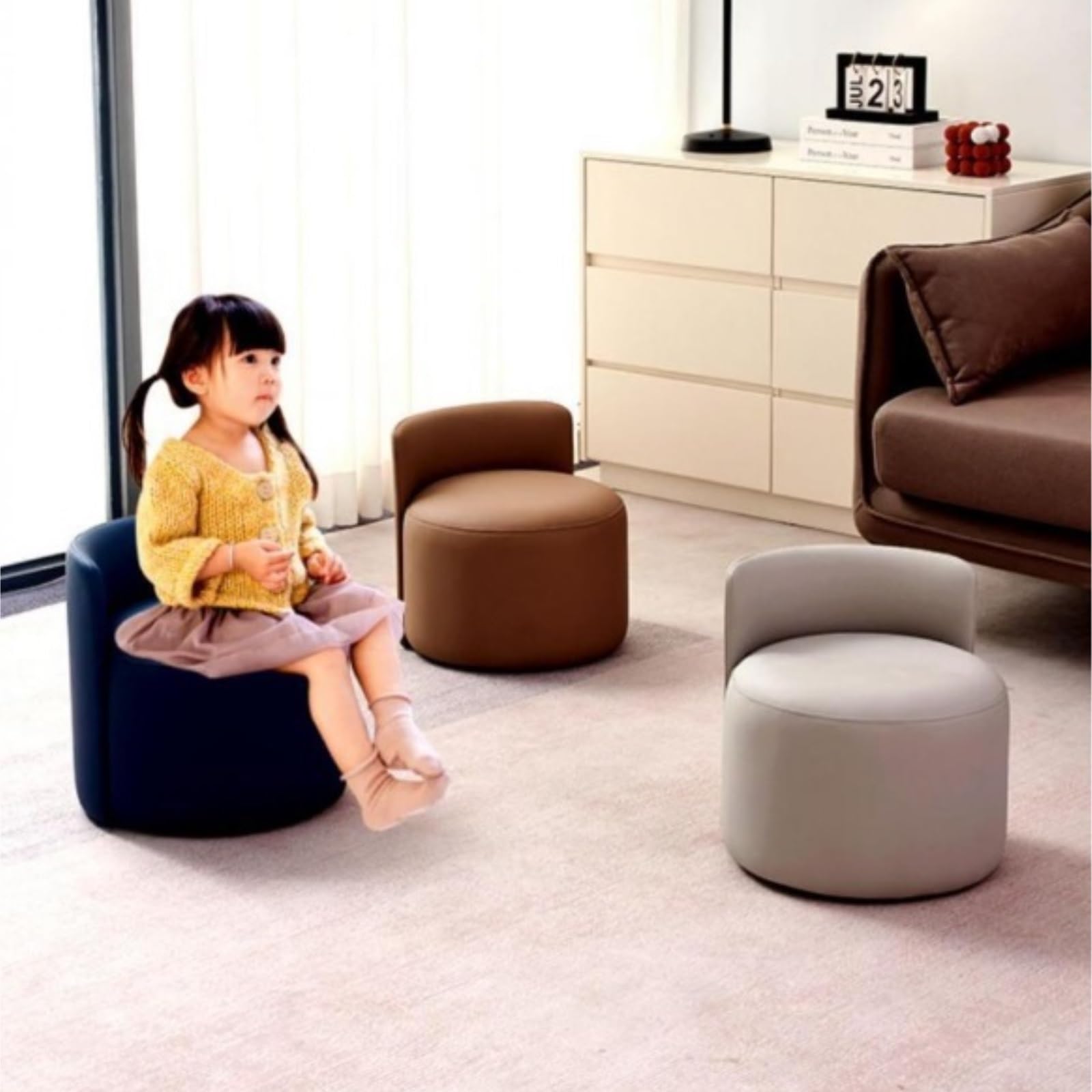 Pouf Poggiapiedi Sgabello Poggiapiedi con Schienale, Panca for Scarpe, Sedia Bassa Rotonda, Imbottitura Spessa Accessorio per Casa(Blue)