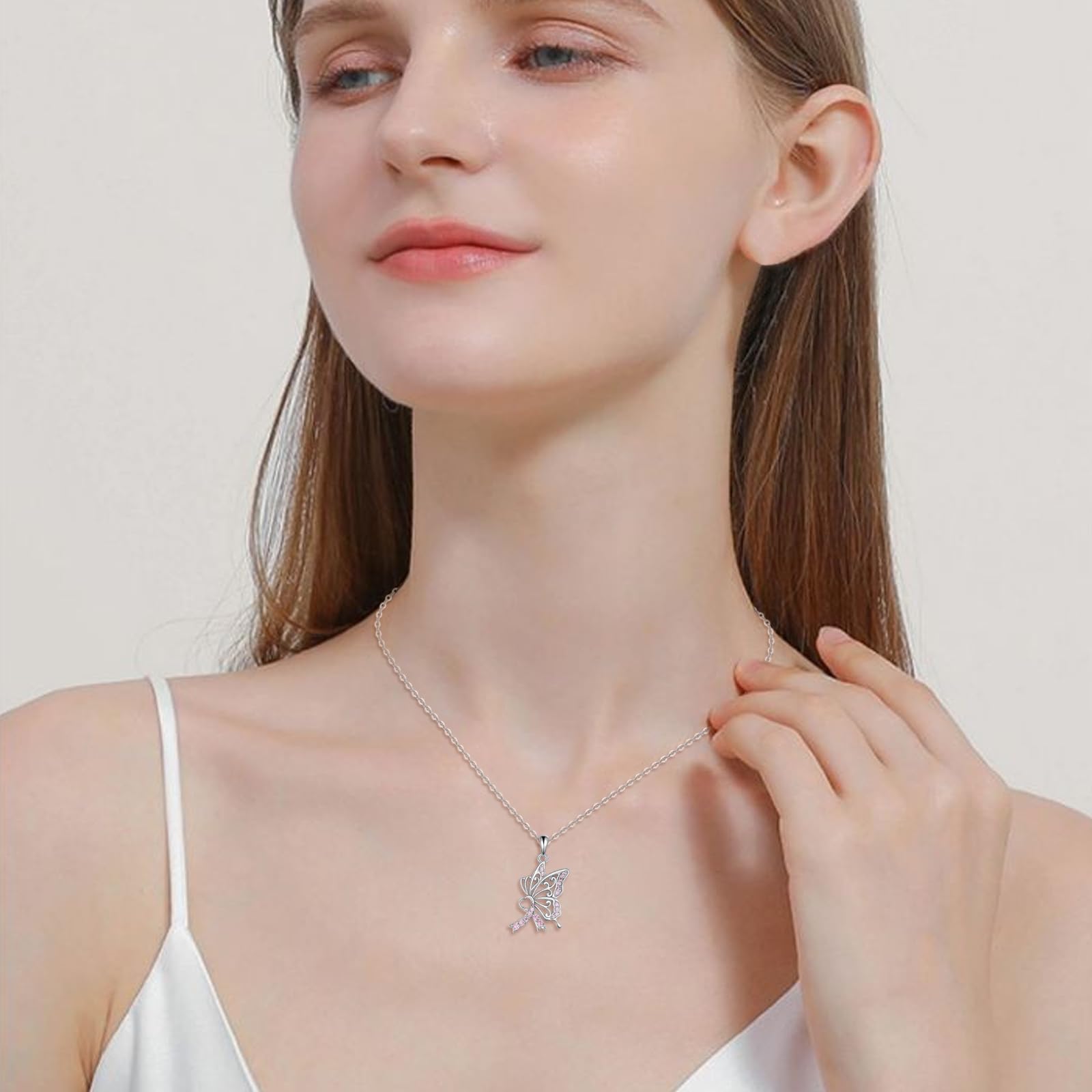YAFEINI Brustkrebs Bewusstsein Kette 925 Sterling Silber Krebs Überlebenden Schmuck Geschenk für Damen Rosa Schmetterling Schleife Anhänger Halskette