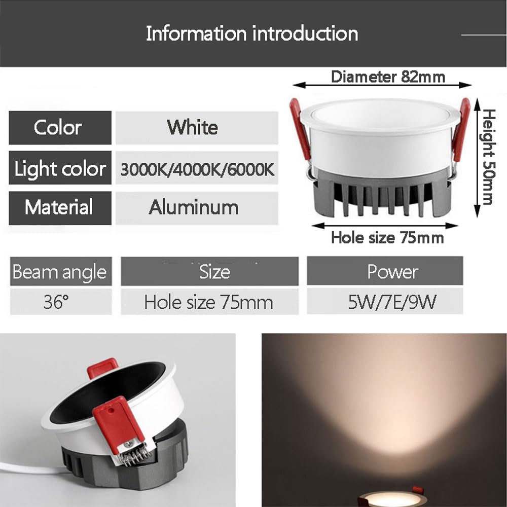 3-Calowa, Biała, Antyodblaskowa Lampa Sufitowa Led 5W, 7W, 9W, 3-Kolorowa, Do Wyboru, 3000K-6000K, Ultracienka, Wpuszczana Lampa Sufitowa Led Cri90+, Aluminiowa, Biała Listwa Maskująca, 9W-3000K