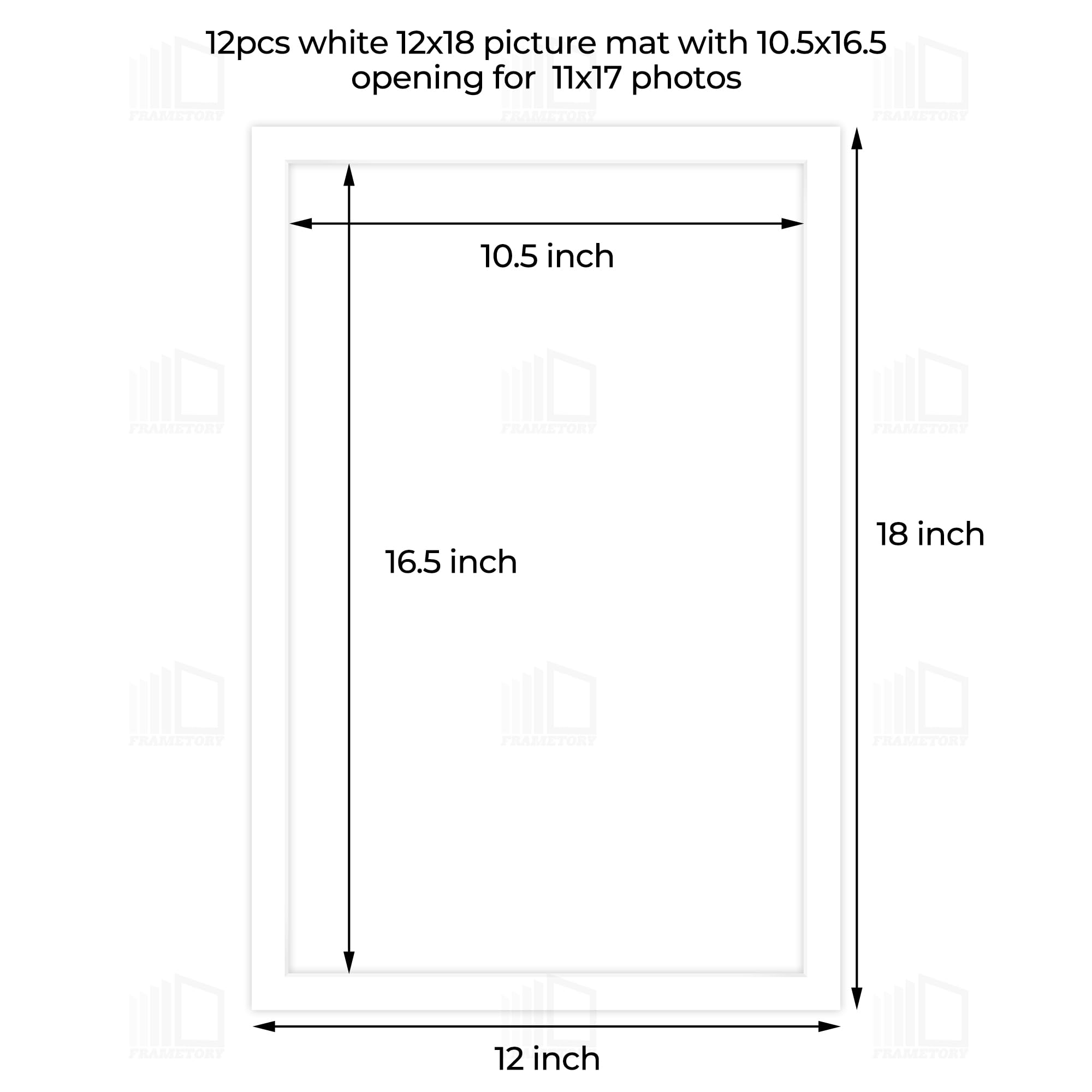 Frametory, 12X18 White Pre-Cut Picture Mats for 11X17 Photos, Prints, Artworks - White Core Bevel Cut 10.5X16.5 Openings Acid Free Frame Mattes 1.4MM Thickness - Pack of 12