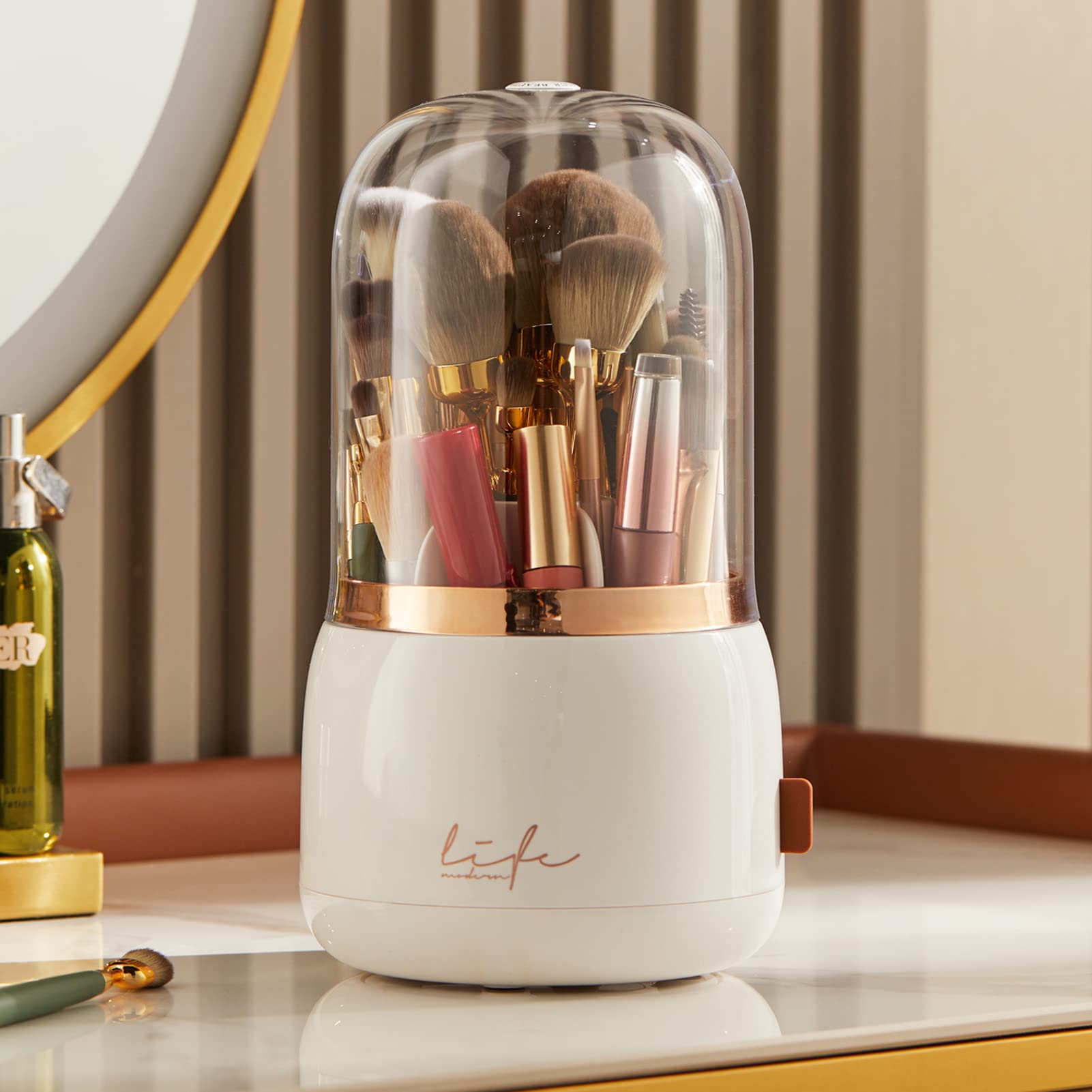LtyTz Makeup Brush Holder Organizer with Lid, Rotating Dustproof Make Up Brushes Organizer with Clear Acrylic Cover for Vanity Desktop Bathroom
