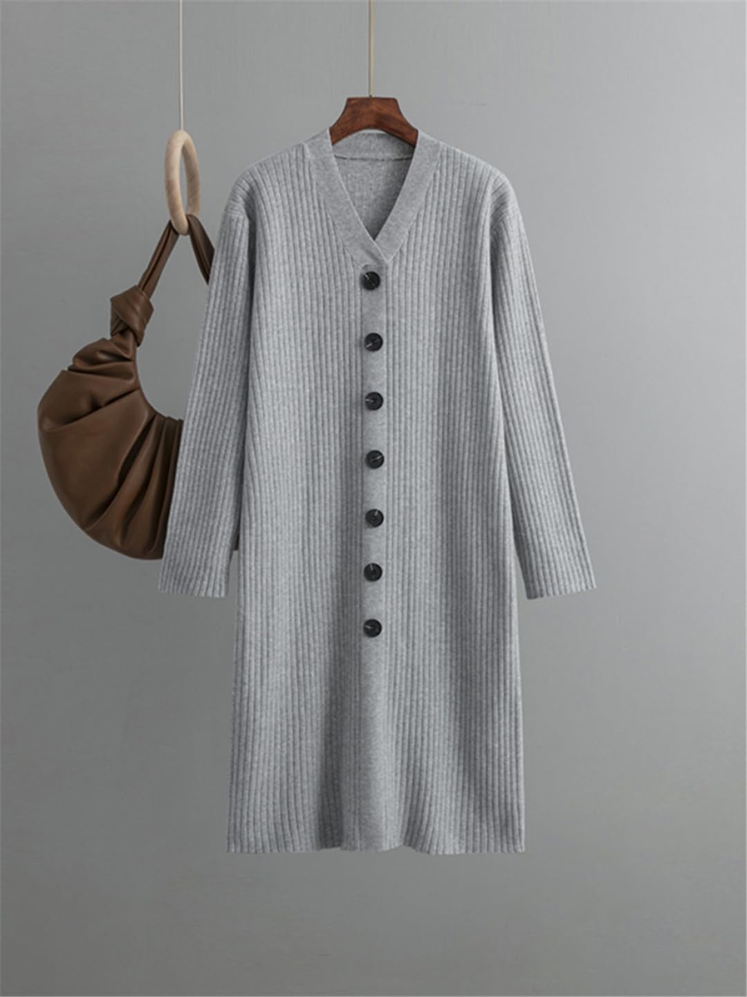 Robe Tricotée À Manches Longues pour Femmes Robe Pull Lâche Solide Vintage Robe Pull À Col en V