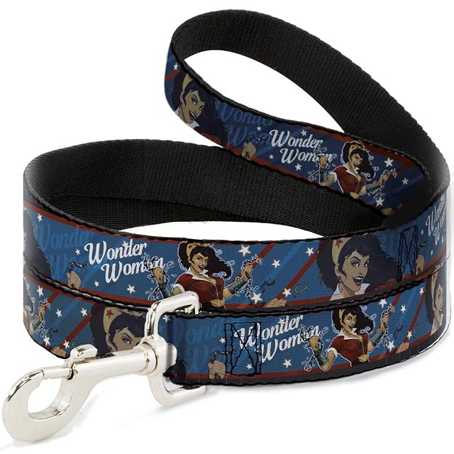 Correa de Perro Wonder Woman Bombshell Pose Azul Rojo Blanco 6 pies de Largo 1.0 Pulgadas de Ancho