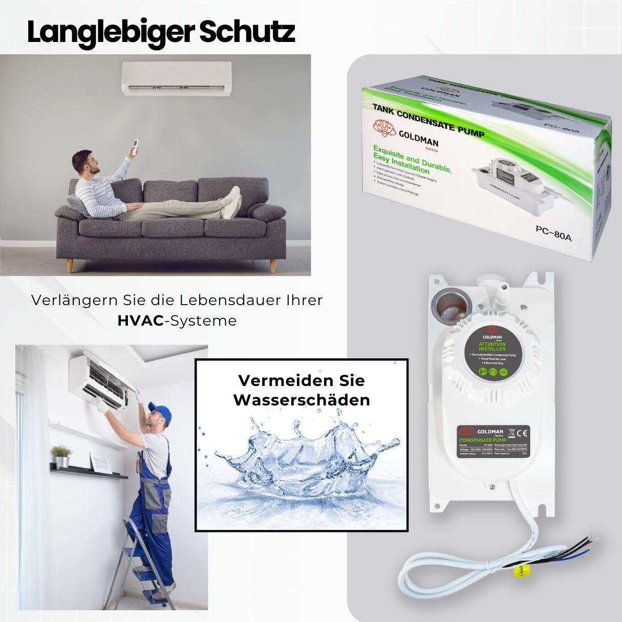 GOLDMAN SERVICE Automatische Kondensatpumpe für Klimaanlage, leise, Wasserablauf und Abfluss, Durchfluss 80 Liter/Stunde