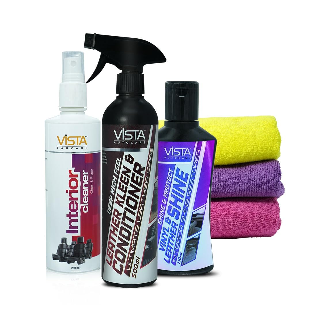 Vista Auto Car Interior and Leather Seat Cleaner Kit, Pack of 4, Includes Leather Kleen and Conditioner 500ml, Vinyl and Leather Shine 110ml, Interior Cleaner 250ml with Microfiber Cloths-picture-19