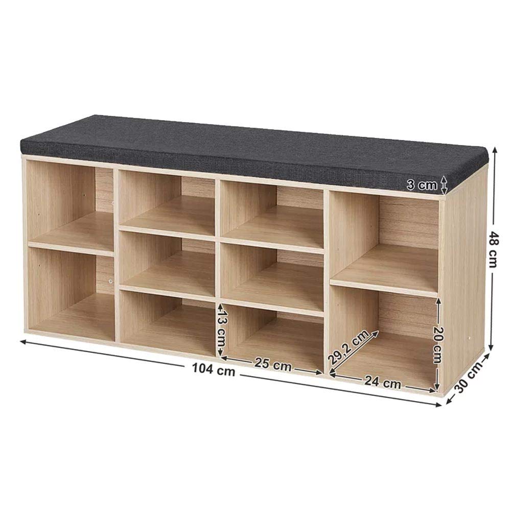 BAKAJI Panca Scaffale Scarpiera Portascarpe Casa Multiuso 10 Ripiani in Legno Melaminico Libreria Panchina con Cuscino in Eco Pelle Dimensione 104 x 29,5 x 49 cm (Beige)