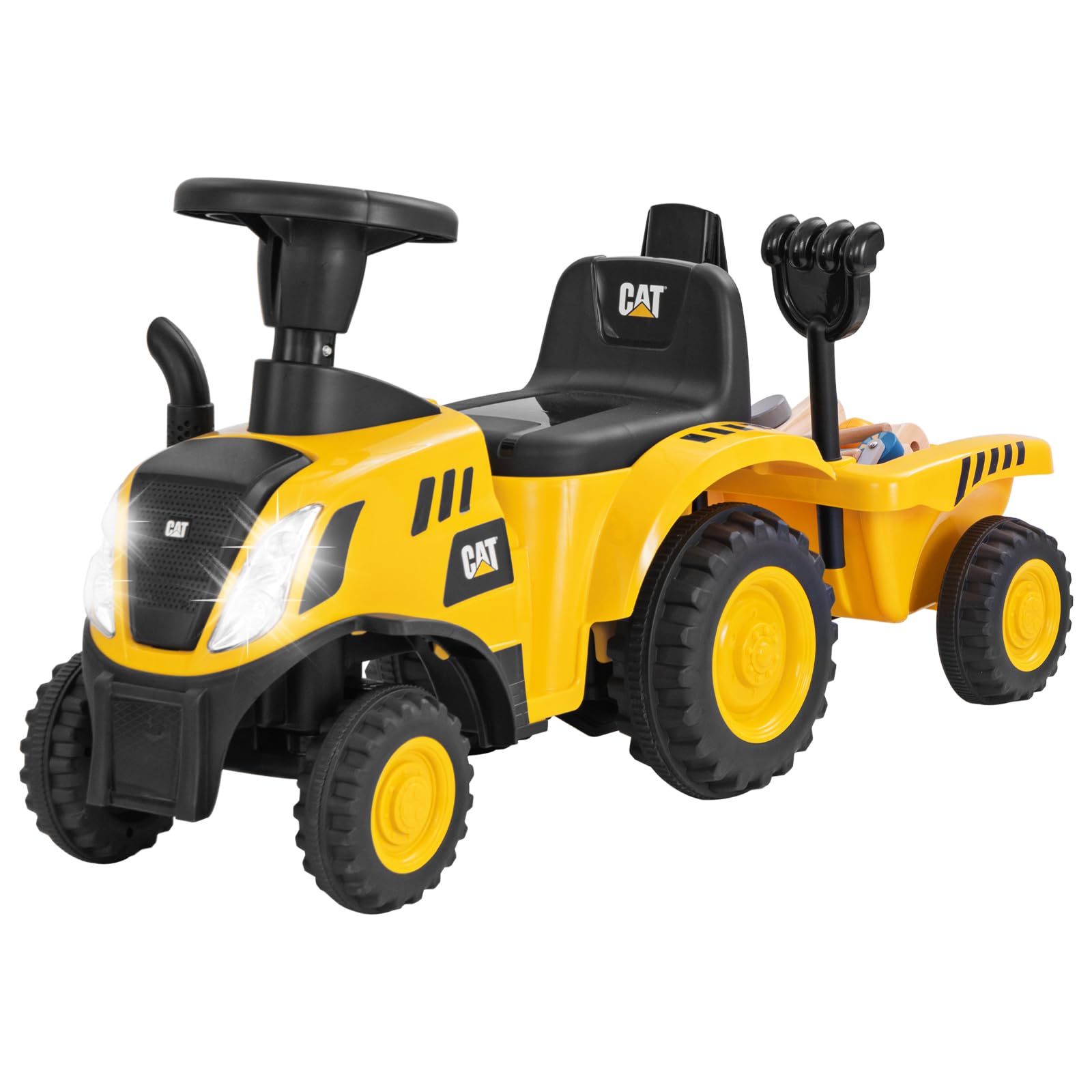 RELAX4LIFE Tractor correpasillos para niños, con licencia Caterpillar para niños con remolque desmontable, bocina, luces LED, a pie, rastrillo y pala