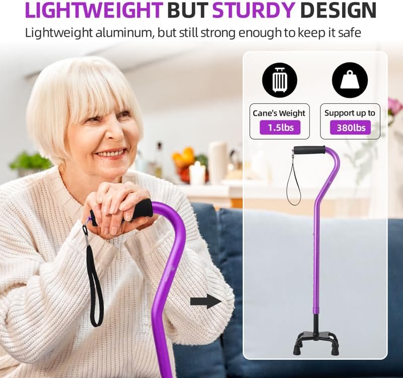 BeneCane Quad Cane Adjustable Walking Cane with Offset Soft Cushioned Handle for Men & Women Lightweight Comfortable with 4-Pronged feet for Extra Stability