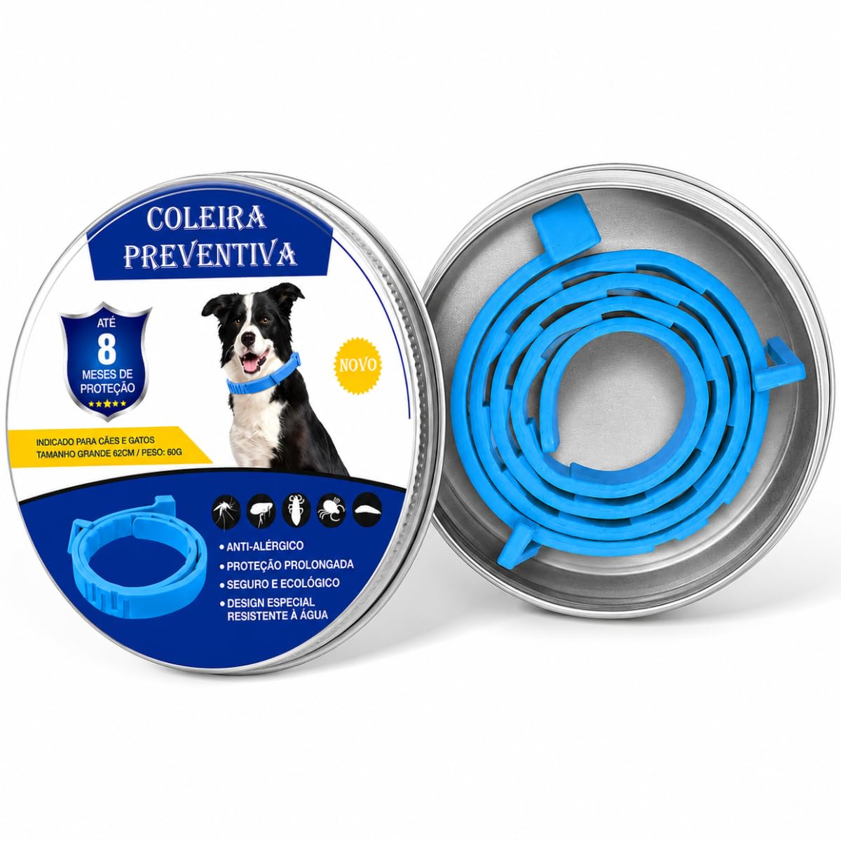 Coleira Anti Pulga Leishmaniose Carrapato Mosquito Cão Gato 62cm (Azul, 62cm)