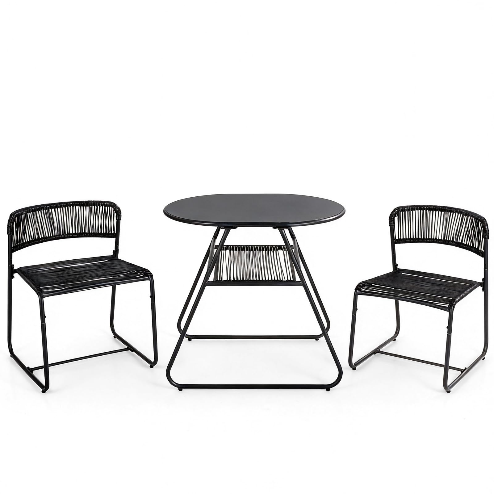COSTWAY 3 Piece Patio Bistro Set, Outdoor Dining Table with 2 Varied-Size Stackable Rattan Chairs & Shelf, Metal Frame Garden Conversation Furniture Set for Indoor Balcony Poolside