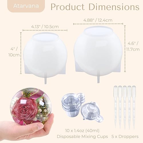 Miniatura 3 de Atarvana 2 moldes de resina de esfera grande, moldes de silicona con forma de bola de 4.7 y 4 pulgadas con 5 cuentagotas y 10 vasos desechables para