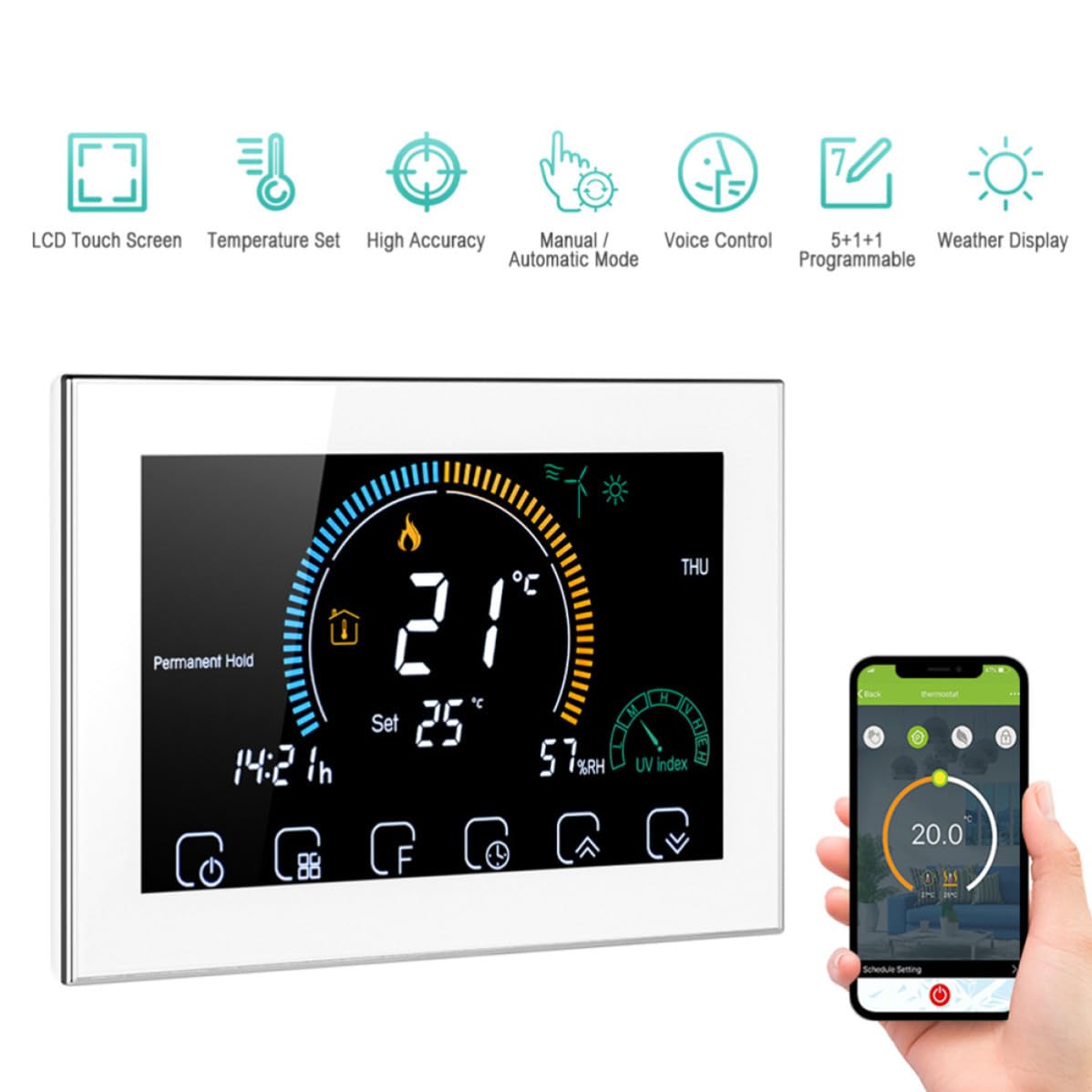 KICHOUSE Intelligentes WLAN Thermostat mit LCD Touchscreen Programmierbarer Temperaturregler für Haushalt 5a Kapazität Weißes PC Abs Gehäuse Einfache Bedienung