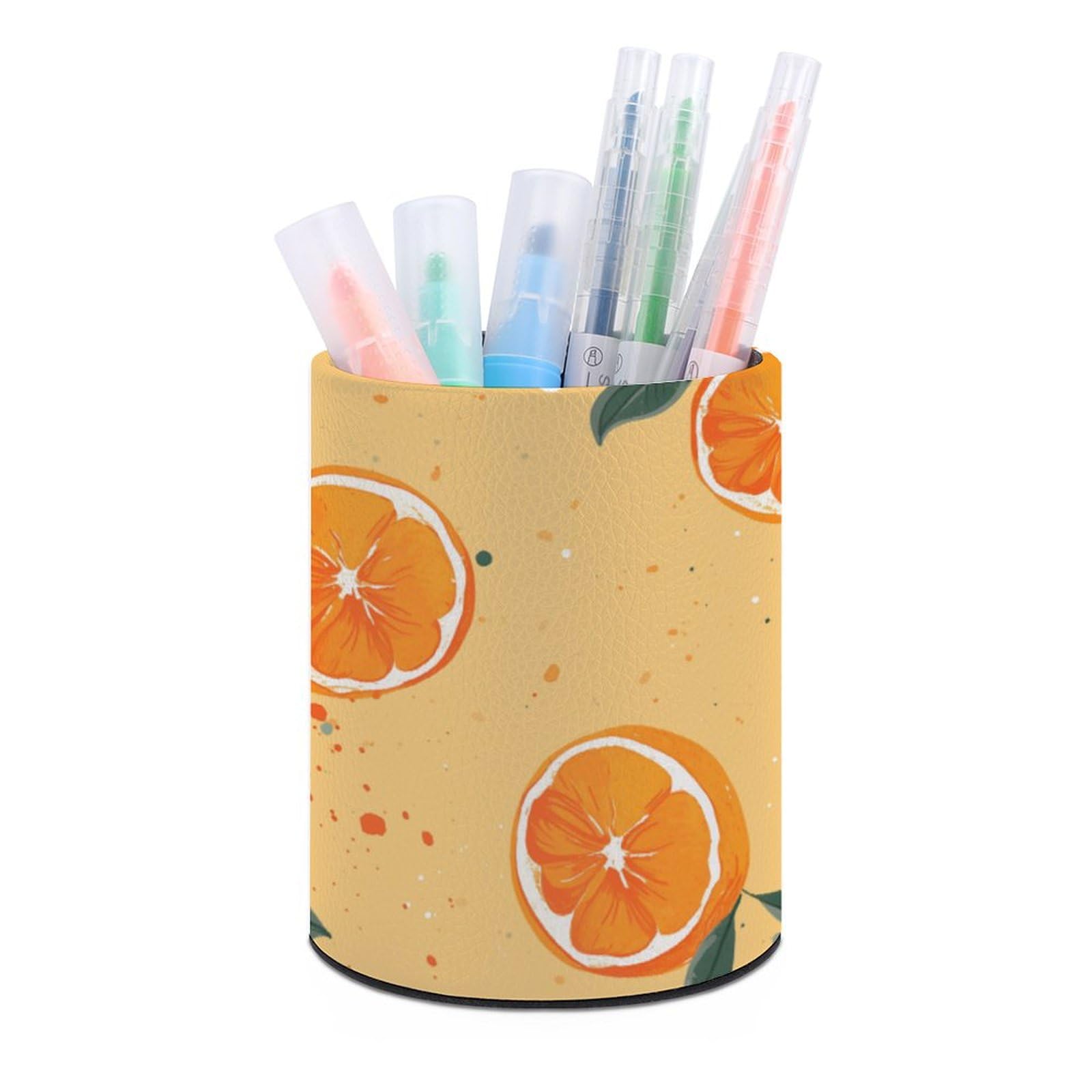 JTREHY Round Pen Holder,Cartoon Style Orange Printed Makeup Brush Storage Box for Home Office Dressing Table