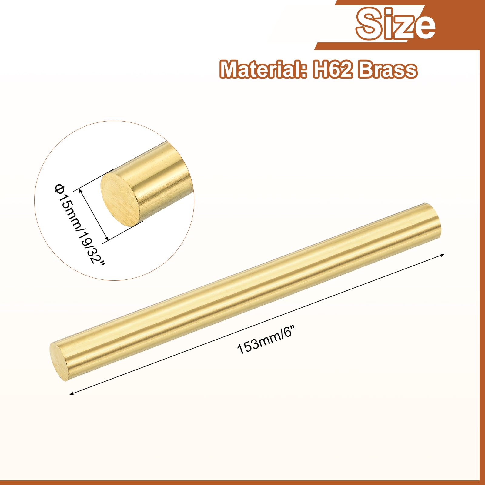 sourcing map 1 tige ronde en laiton massif de 15 mm de diamètre, 153 mm de long, barre de tour en laiton H62 pour bricolage, artisanat, industrie, construction