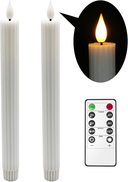 Yme 2pcs LED Taper Candles with Timer and Remote, Real Wax Electric Window Candles with Flickering/Steady Warm White Light for Candlesticks Halloween Wedding Home Decorations
