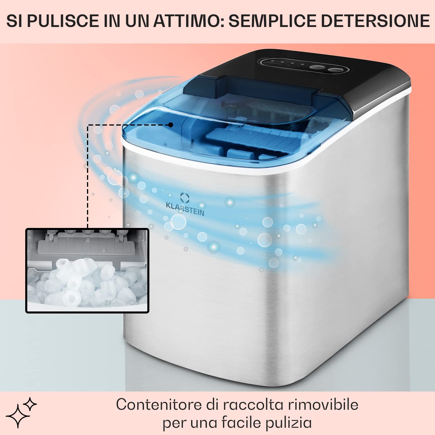 Klarstein Macchina Ghiaccio 2.1L, Macchina del Ghiaccio Professionale, Fabbricatore Ghiaccio Secco Alimentare 12kg, Cubetti di Grandi Piccole Dimensioni, Macchina Ghiaccio Casa Autopulente Cocktail