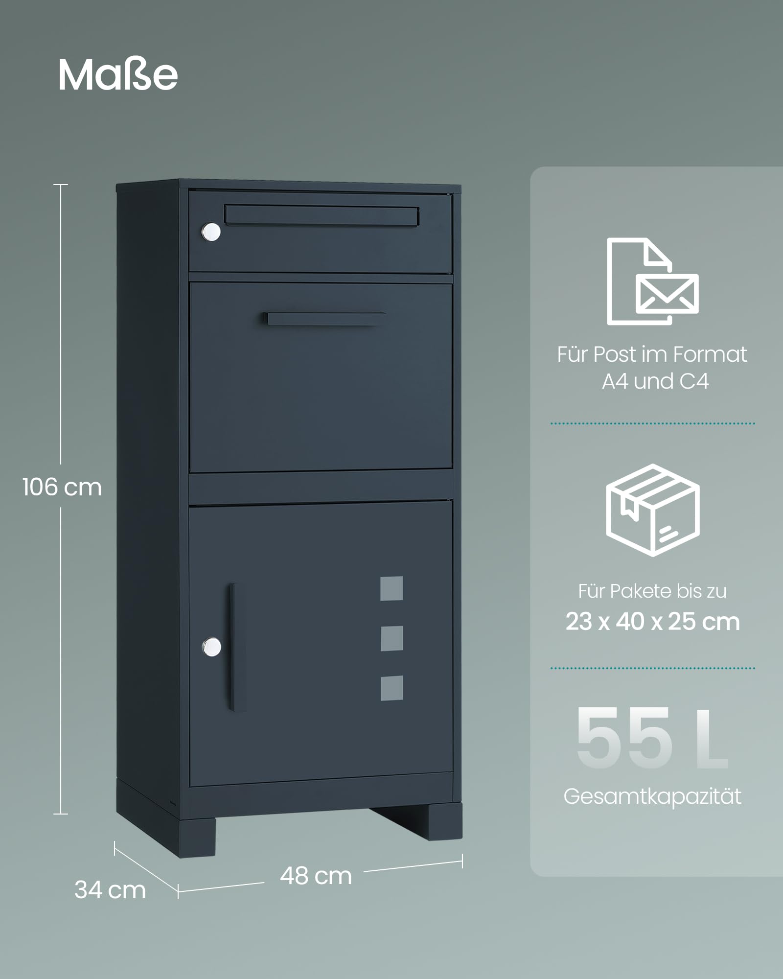 SONGMICS Paketbox, Paketbriefkasten, Briefkasten mit Paketfach, Paketkasten XXL, für Briefe, Pakete, Schloss mit Abdeckung, 2 Schlüssel, Stahl, anthrazit GMB091GZ01