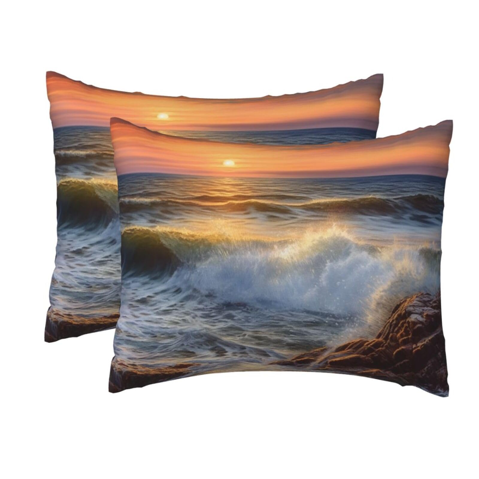 2 Pack Standard Size Pillow Cases for Hair and Skin Soft Breathable Pillow Case Covers with Hidden Zipper Rocky Wave Sunset Painting Pillowcase 20x26 Inches Pillow Cover for Sleeping Gift