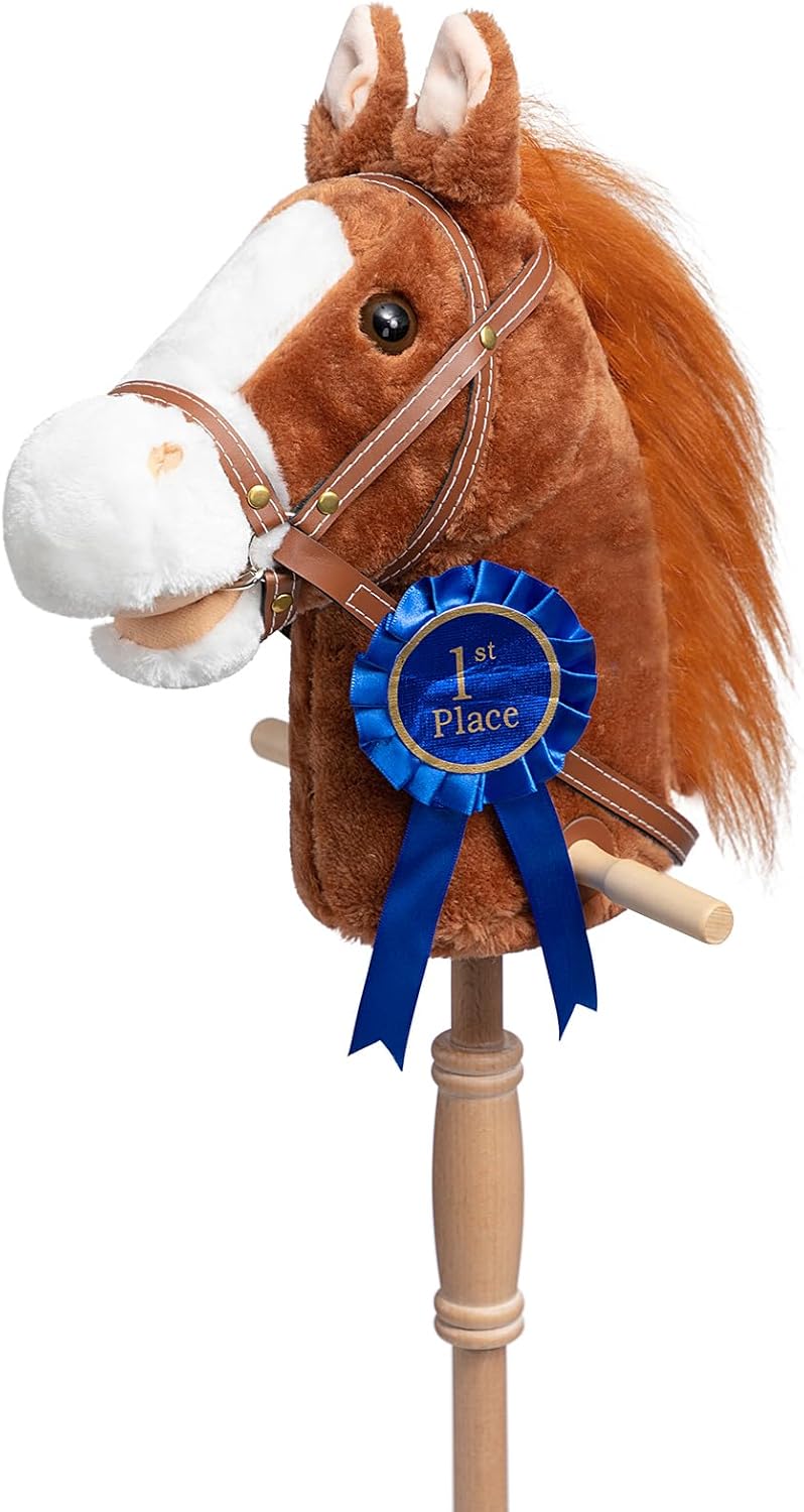 HollyHOME Stick Horse Plush with Detachable Blue Ribbon Champion Hobby Horse on Stick with Wood Wheels Real Pony Neighing and Galloping Sounds for Kids Toddlers Brown 36 Inches(AA Batteries Required) Brown With Blue