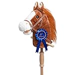 HollyHOME Stick Horse Plush with Detachable Blue Ribbon Champion Hobby Horse on Stick with Wood Wheels Real Pony Neighing and Galloping Sounds for Kids Toddlers Brown 36 Inches(AA Batteries Required)