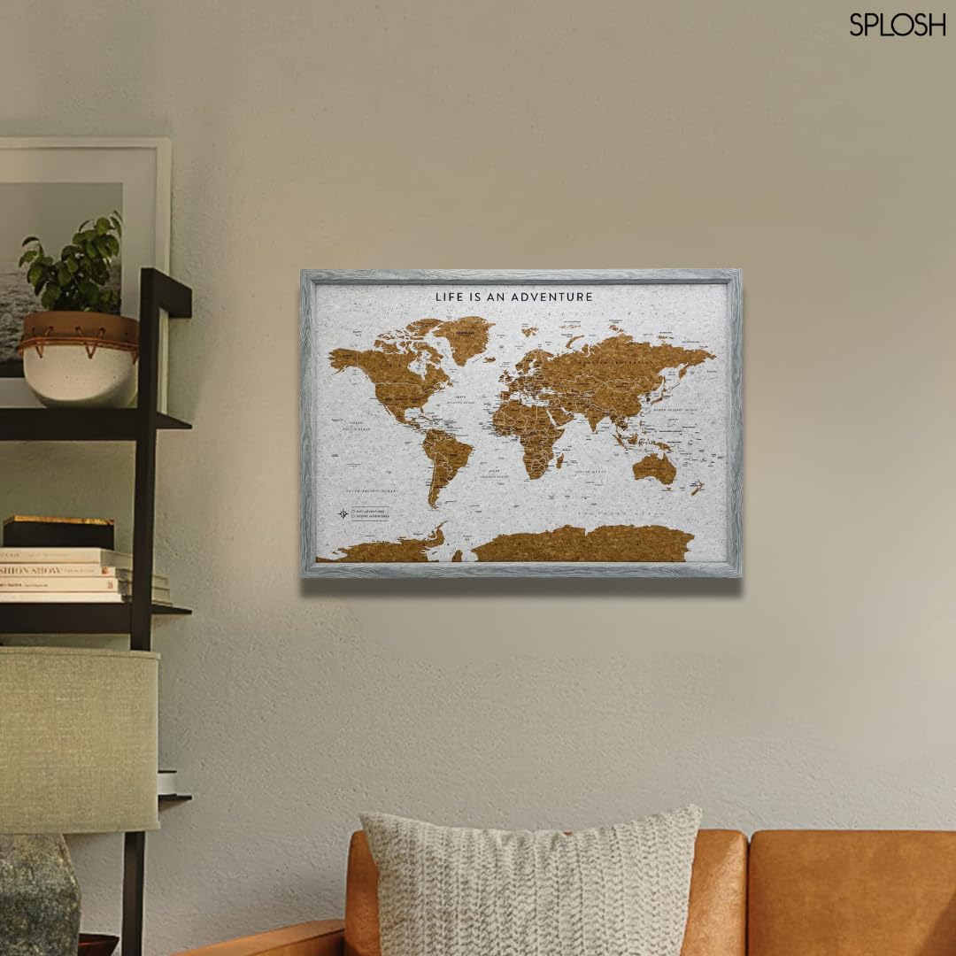 Splosh Mapa de Viaje Enmarcado - Tablero de Chinchetas de Madera Gris Mediano con 100 Chinchetas. Tablero de Corcho para Mapa de Viaje. Mapa del Mundo de Madera, Regalo de Viaje con Mapa de Corcho