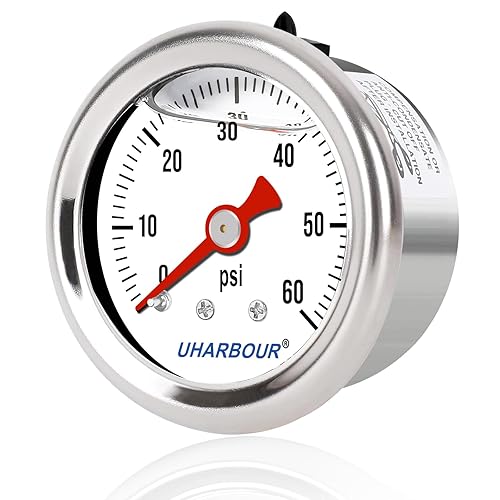 UHARBOUR Medidor de presión relleno de glicerina con caja de acero inoxidable 304, tamaño de dial de 1-12", 0-60Psi, alta precisión, montaje trasero