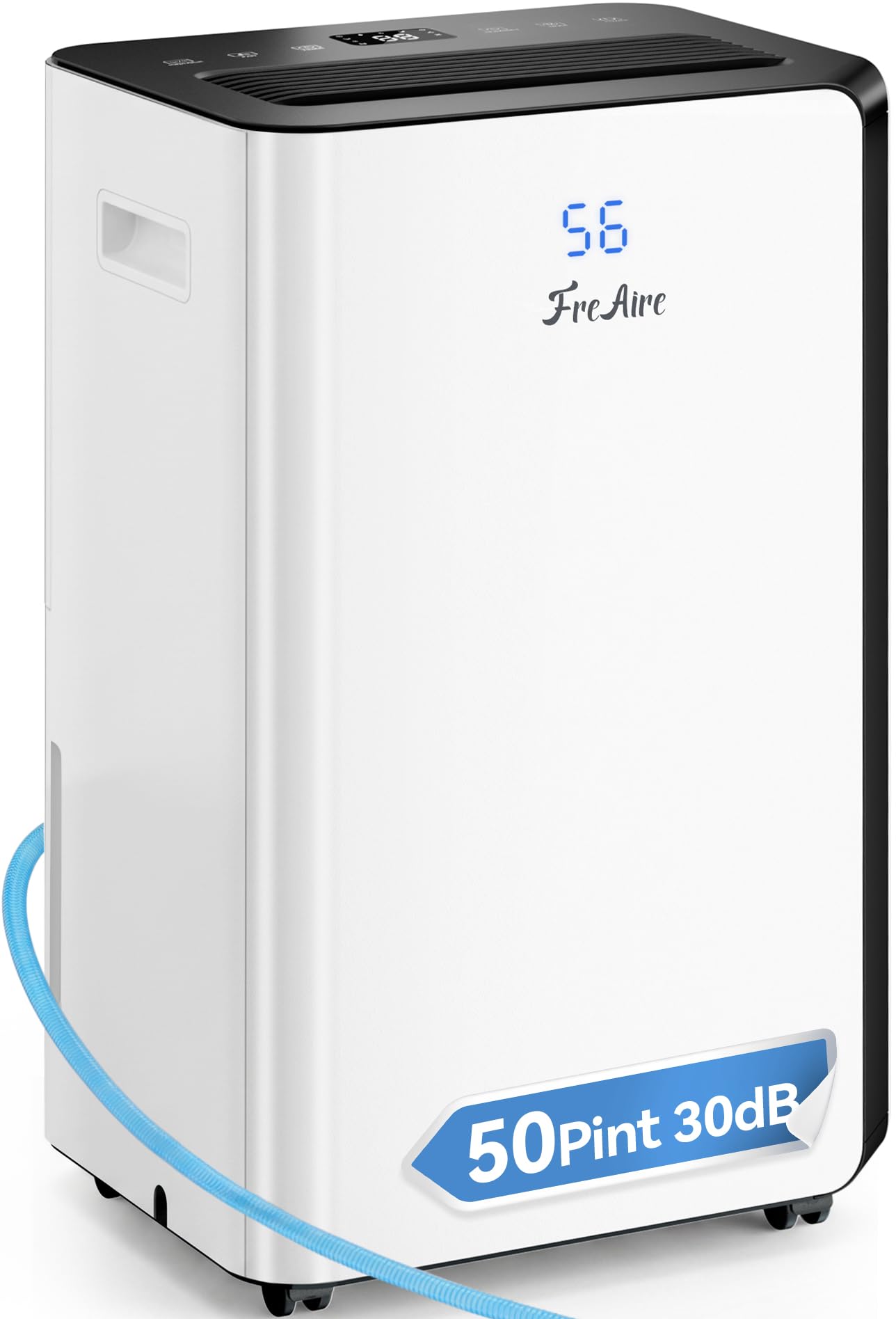 freaire 54pint dehumidifier for 4500sq.ft, compressor dehumidifiers for home, front humidity value display&quiet dehumidifier for basement, bedroom, bathroom, with drain hose, 1.13 gallon water tank