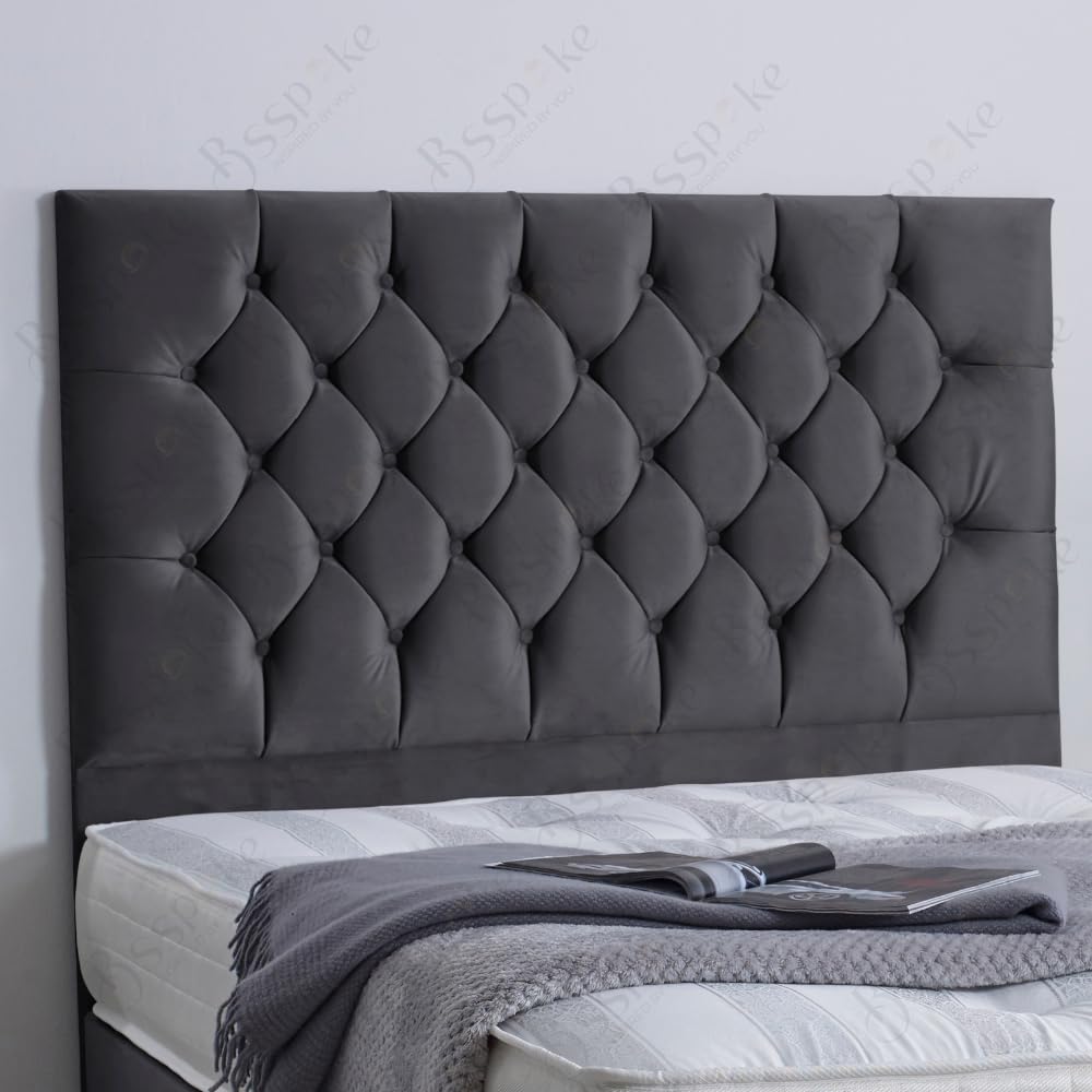BSSPOKE 24” Chesterfield Mia Double Headboard for Divan Bed | Plush Velvet Bed Headboard |Create a Dreamy Sanctuary with the Haven Headboard for Bed (Steel Plush, Double 4FT6")