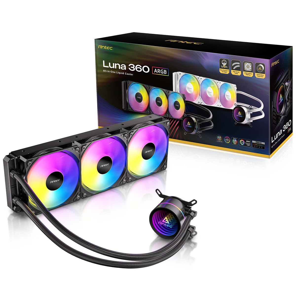 Antec Luna 360 ARGB Sıvı CPU Soğutucu, 360mm Radyatör, 3x120mm PWM ARGB Fan, Infinity Mirror Pompa Başlığı, Intel LGA1851/1700/1200/115X/20XX ve AMD AM5/AM4/AM3 Uyumlu, Siyah